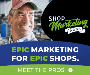 advertisement image for Shop Marketing Pros with logo, smiling middle aged gentleman wearing worn ball cap and text Epic Marketing For Epic Shops
